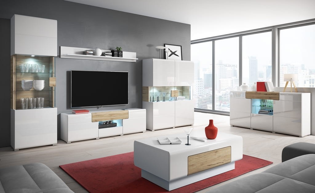 Komoda z wnęką TOLEDO Szerokość 159 cm Biały laminat - san remo/Biały połysk - san remo Helvetia Meble 2494DW26 Szafka Nowoczesna Tradycyjna Do Salonu Pokój Dzienny