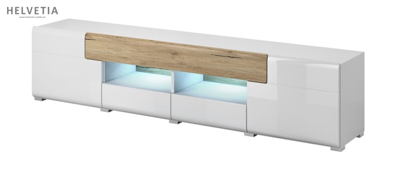 Szafka RTV duża TOLEDO Szerokość 208 cm Biały laminat - san remo/Biały połysk - san remo 2494DW40 Szafka Nowoczesna Tradycyjna Do Salonu Pokój Dzienny