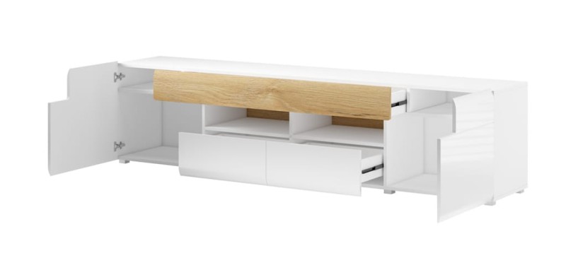 Szafka RTV duża TOLEDO Szerokość 208 cm Biały laminat - san remo/Biały połysk - san remo 2494DW40 Szafka Nowoczesna Tradycyjna Do Salonu Pokój Dzienny