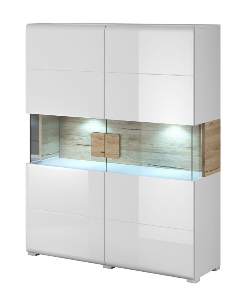 Komoda wysoka TOLEDO Szerokość 122 cm Biały laminat - san remo/Biały połysk - san remo Helvetia Meble 2494DW42 Szafka Nowoczesna Tradycyjna Do Salonu Pokój Dzienny