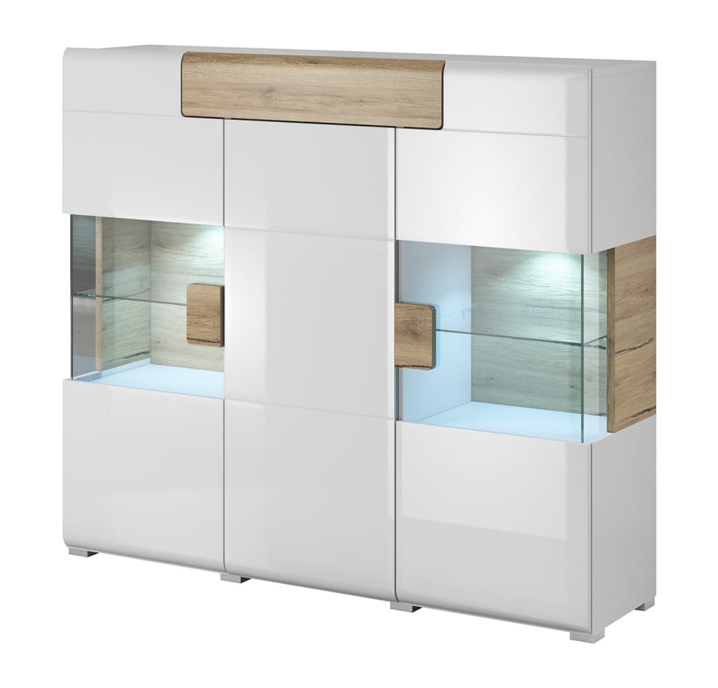 Komoda TOLEDO Szerokość 147 cm Biały laminat - san remo/Biały połysk - san remo Helvetia Meble 2494DW46 Szafka Nowoczesna Tradycyjna Do Salonu Pokój Dzienny