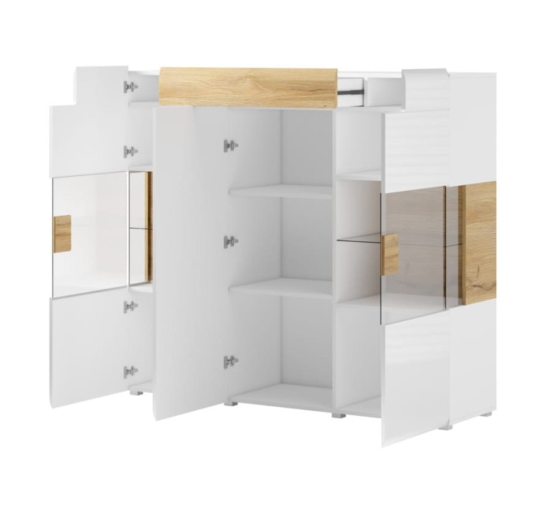 Komoda TOLEDO Szerokość 147 cm Biały laminat - san remo/Biały połysk - san remo Helvetia Meble 2494DW46 Szafka Nowoczesna Tradycyjna Do Salonu Pokój Dzienny