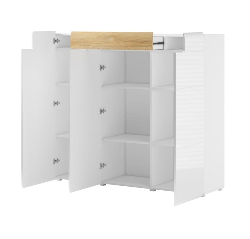 Komoda wysoka TOLEDO Szerokość 147 cm Biały laminat - san remo/Biały połysk - san remo 2494DW76 Komoda Nowoczesna Tradycyjna Do Salonu Pokój Dzienny