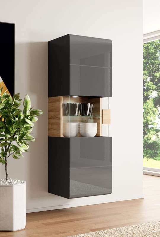 Witryna wisząca TOLEDO Szerokość 53 cm Antracyt/Antracyt połysk - Dąb Grandson Helvetia Meble 24JKDW07 Szafka Nowoczesna Tradycyjna Do Salonu Pokój Dzienny