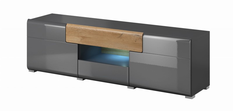 Szafka RTV mała TOLEDO Szerokość 159 cmAntracyt/Antracyt połysk - Dąb Grandson Helvetia Meble 24JKDW41 Szafka Nowoczesna Tradycyjna Do Salonu Pokój Dzienny