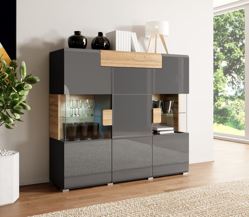Komoda TOLEDO Szerokość 147 cm Antracyt/Antracyt połysk - Dąb Grandson Helvetia Meble 24JKDW46 Szafka Nowoczesna Tradycyjna Do Salonu Pokój Dzienny