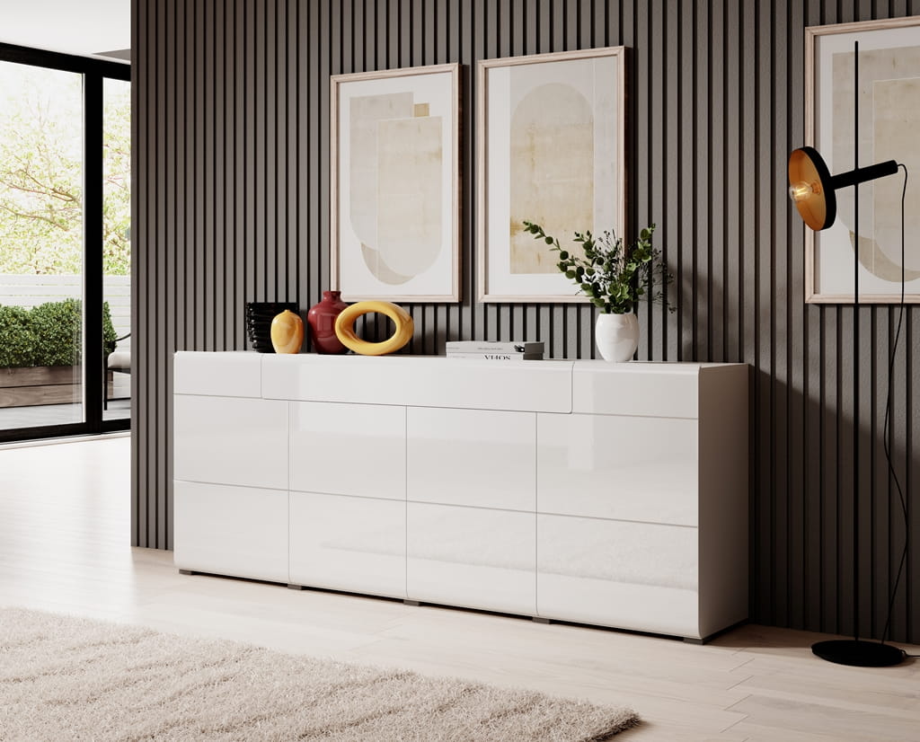 Pokój dzienny TOLEDO Biały laminat / biały połysk Helvetia Meble 2498DW41 46 88 25 99 Meble do pokoju dziennego Nowoczesne Tradycyjne Do Salonu Pokój Dzienny