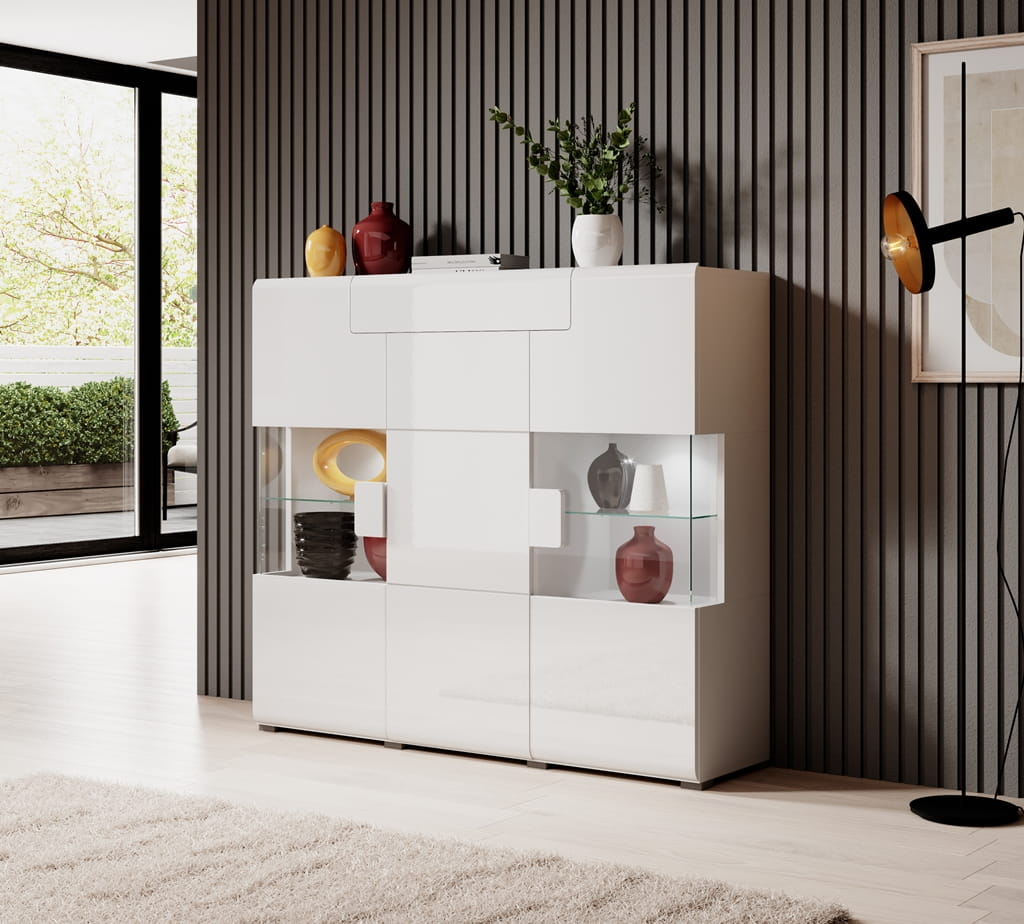 Pokój dzienny TOLEDO Biały laminat / biały połysk Helvetia Meble 2498DW41 46 88 25 99 Meble do pokoju dziennego Nowoczesne Tradycyjne Do Salonu Pokój Dzienny