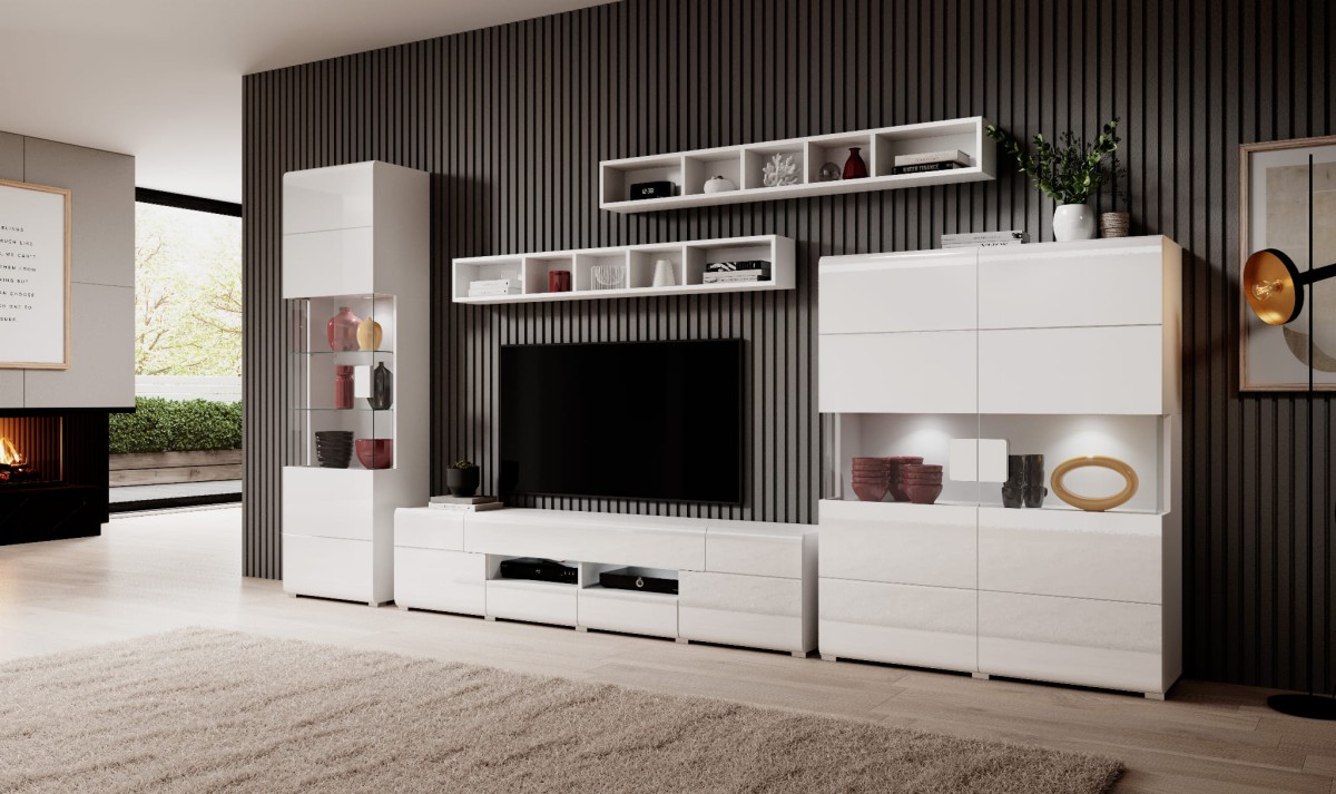 Meblościanka TOLEDO Biały laminat / biały połysk Helvetia Meble 2498DW40 05 02 42 Meble do pokoju dziennego Nowoczesne Tradycyjne Do Salonu Pokój Dzienny