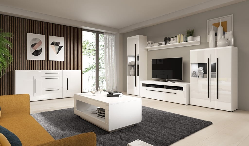 Witryna TULSA Szerokość 60 cm Biały laminat / biały połysk Helvetia Meble 2497FJ05 Witryna Nowoczesna Tradycyjna Do Salonu Pokój Dzienny