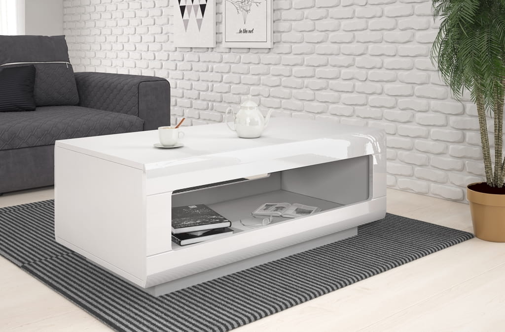 Stolik kawowy TULSA Szerokość 110 cm Biały laminat / biały połysk Helvetia Meble 2497FJ99 Stolik kawowy Nowoczesny Tradycyjny Do Salonu Pokój Dzienny