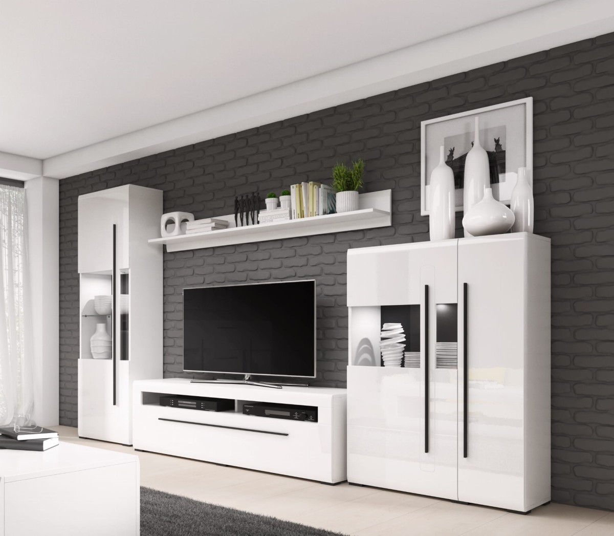 Meblościanka TULSA Biały laminat / biały połysk Helvetia Meble 2497FJ05 40 42 02 Meblościanka Nowoczesna Tradycyjna Do Salonu Pokój Dzienny