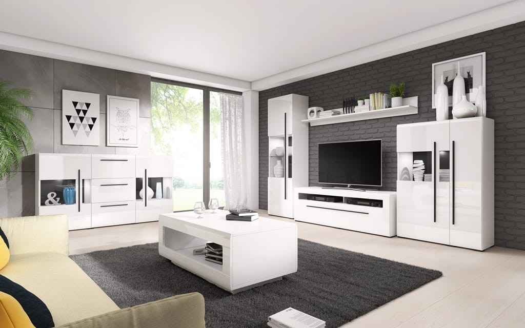 Pokój dzienny TULSA Biały laminat / biały połysk Helvetia Meble 2497FJ05 40 42 02 28 99 Meblościanka Nowoczesna Tradycyjna Do Salonu Pokój Dzienny