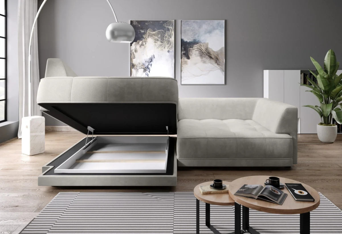 Narożnik Tiga box Tkanina Aphrodite 1 Bucle Bukla Baranek Do Salonu Nowoczesna Pojemnik Na Pościel.webp