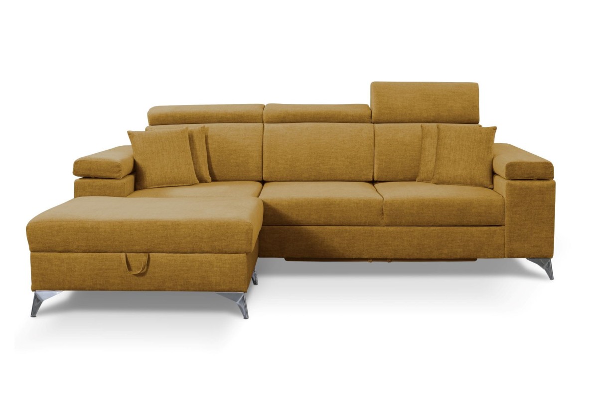 NAROŻNIK BRICO MINI Tkanina VOGUE 9 Żółty Złoty Amber Funkcja Spania Pojemnik Do Salonu Regulowany Zagłówek Nowoczesny GiB Meble LEWY .jpg