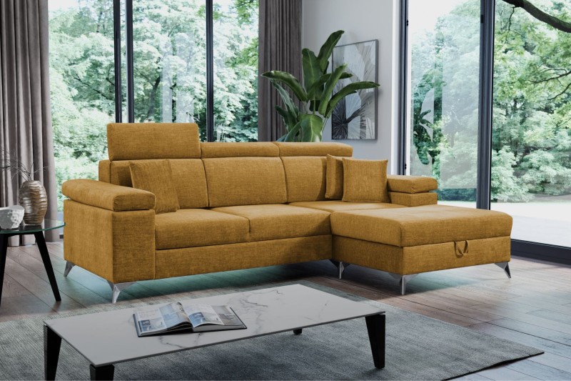 NAROŻNIK BRICO MINI Tkanina VOGUE 9 Żółty Złoty Amber Funkcja Spania Pojemnik Do Salonu Regulowany Zagłówek Nowoczesny GiB Meble Relaks.jpg