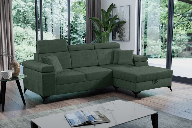 NAROŻNIK BRICO MINI Tkanina COUNTRY 11 Butelkowa Zieleń Zielony Funkcja Spania Pojemnik Do Salonu Regulowany Zagłówek Nowoczesny GiB Meble Relaks.jpg