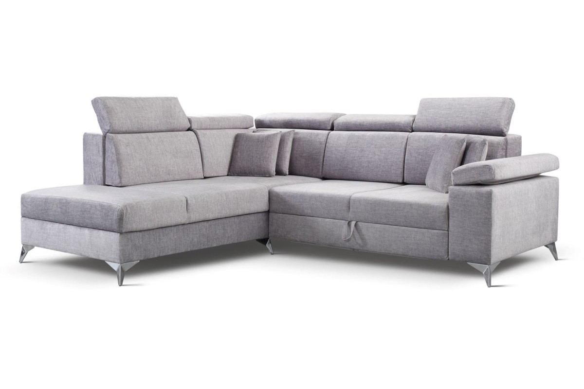 NAROŻNIK BRICO Tkanina VOGUE 14 Silver Jasny Szary Funkcja Spania Pojemnik Do Salonu Regulowany Zagłówek GiB Meble Loft.jpg