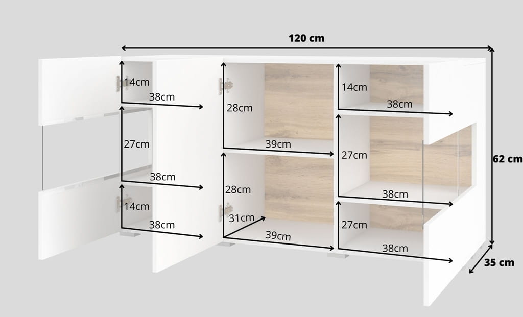 Komoda AVA Szerokość 120 cm biały/dąb wotan Helvetia Meble 249NLM25 Nowoczesna Tradycyjna Do salonu