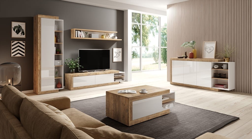 Szafka RTV z funkcją rozsuwania SINTRA Szerokość 200-241 cm Dąb Samdal/Biały mat Helvetia Meble 24BSKS40 Nowoczesna Tradycyjna Do salonu