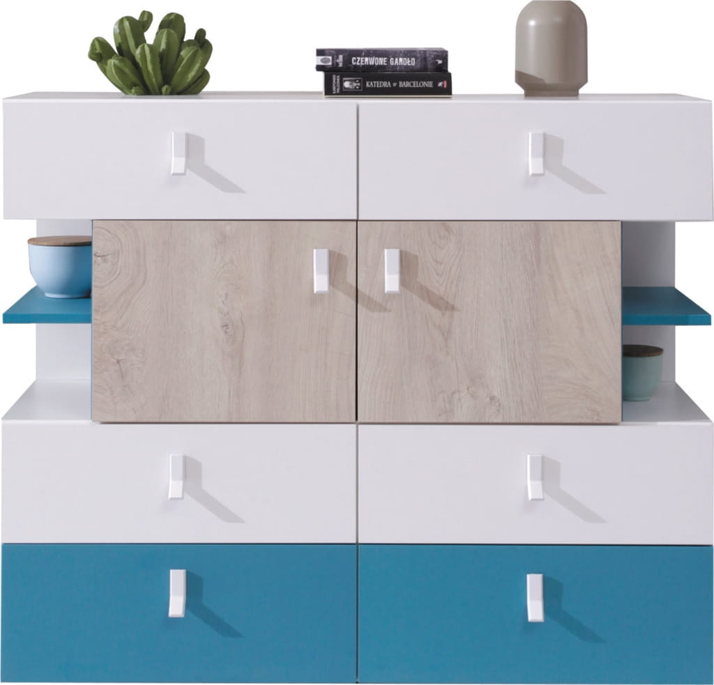 Komoda Planet Szerokość 110 cm biały lux / dąb / morski Meblar System 8 Tradycyjna Do salonu