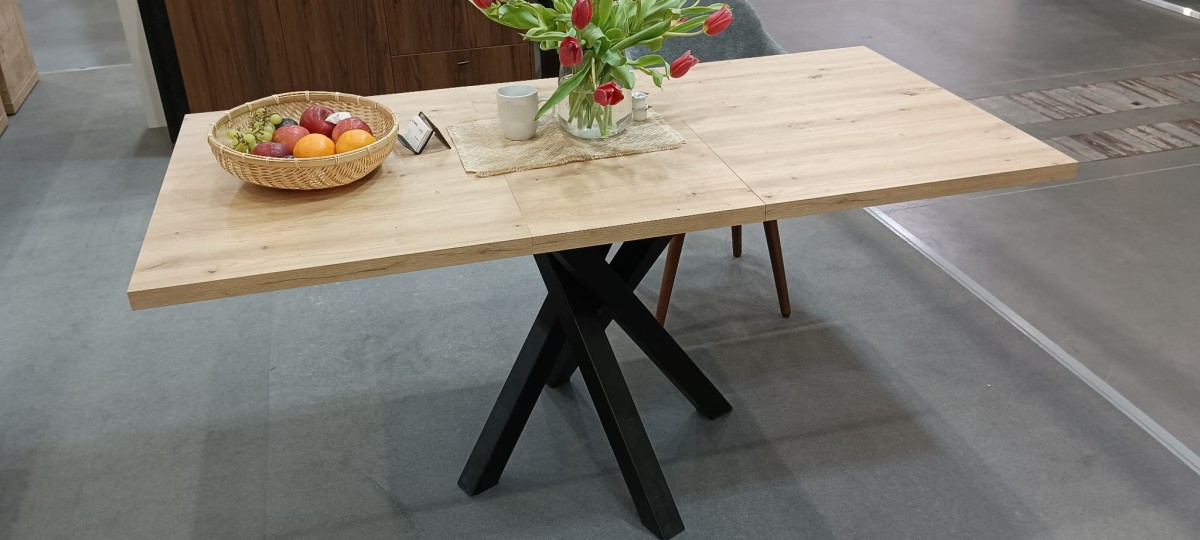 Stół KALI Rozkładany 120 - 160 cm Nowoczesny Do Jadalni Salonu Styl Loft MEtalowe Czarne Nogi X Dąb Artisan Blat Wstawka.jpg
