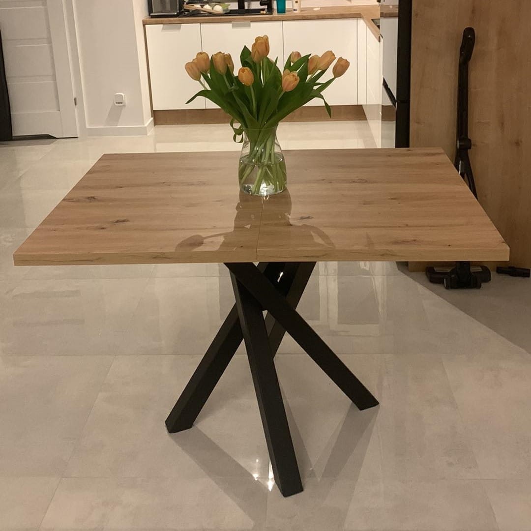 Stół KALI Rozkładany 120 - 160 cm Nowoczesny Do Jadalni Salonu Styl Loft Metalowe Czarne Nogi X Dąb Artisan Blat .jpg