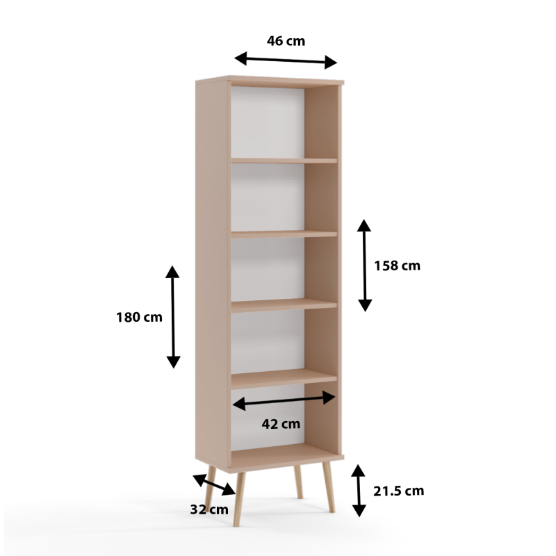 Regał BALI Wysoki Słupek Otwarty Półki Wąski Do Salonu Pokoju W Stylu Skandynawskim BOHO Szerokość 46 cm Biały Wysokie Drewniane Nóżki Oryginalne Uchwyty Jutowe Wymiary.png
