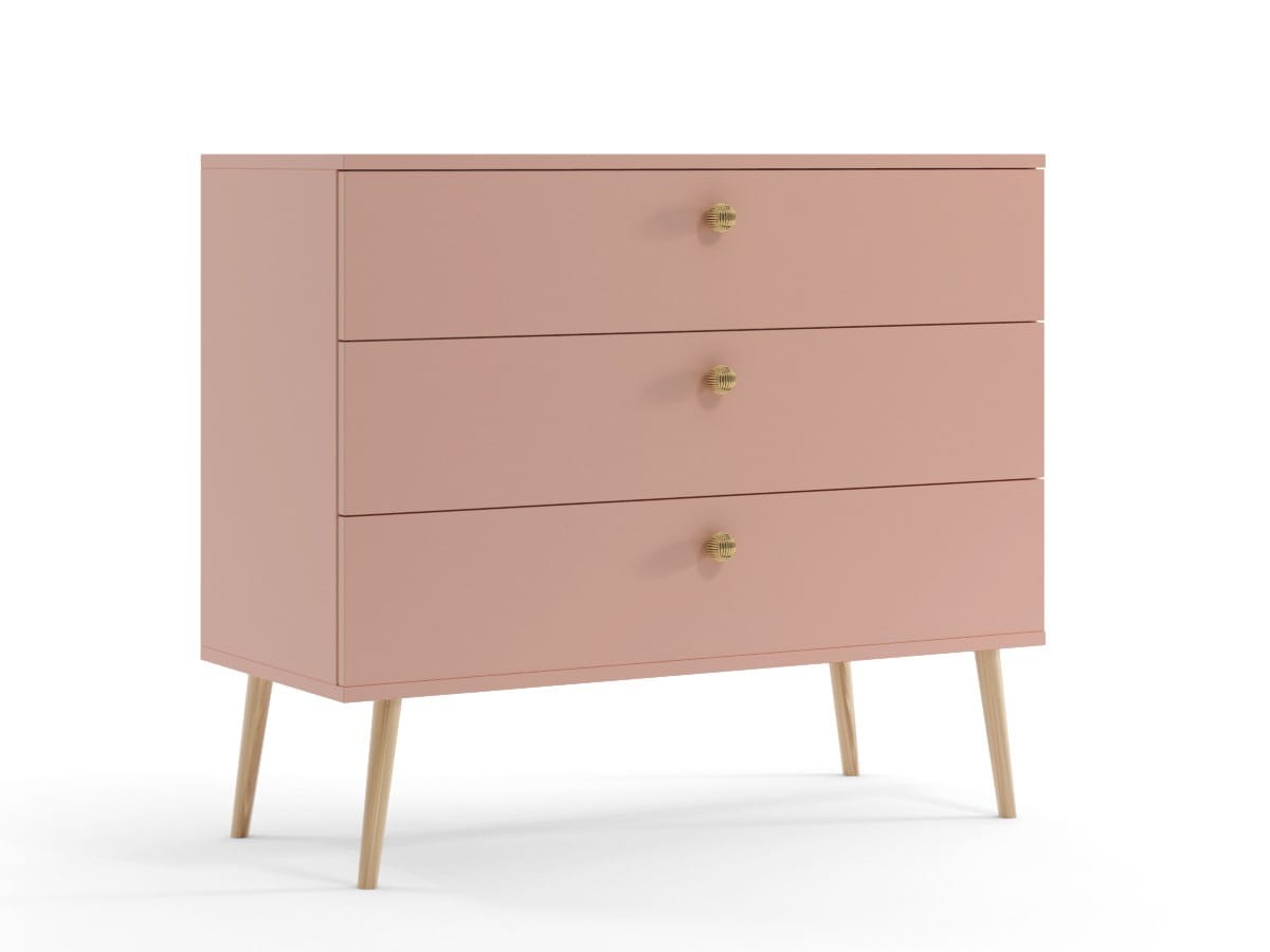 Komoda BALI Z 3 Szufladami Do Salonu Pokoju W Stylu Skandynawskim BOHO Szerokość 100 cm Różowa Wysokie Drewniane Nóżki Oryginalne Uchwyty Jutowe.jpg