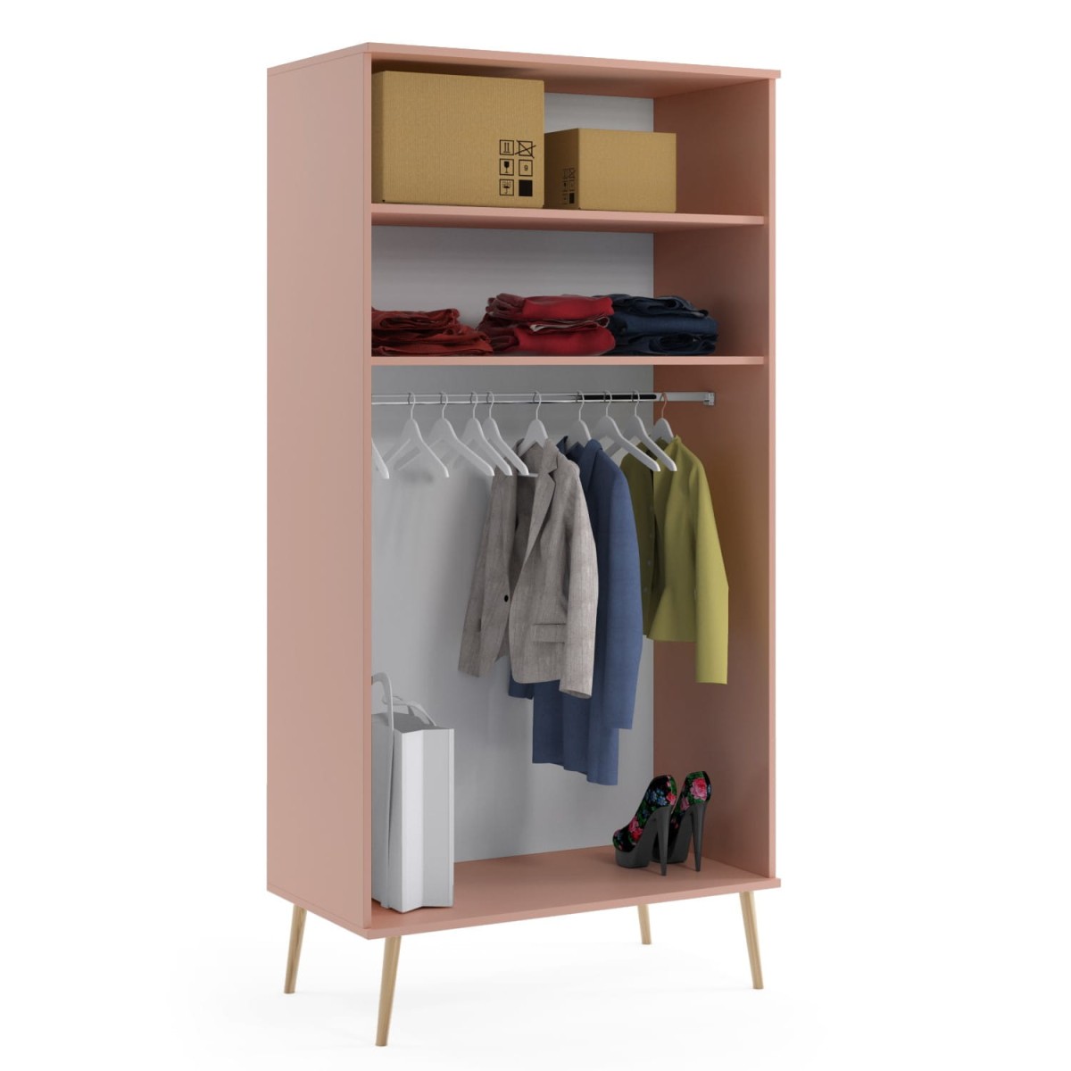 Szafa BALI Półka Drążek Do Salonu Pokoju w Stylu Skandynawskim BOHO Szerokość 100 cm Różowa Wysokie Drewniane Nóżki Oryginalne Uchwyty Jutowe Nowoczesna Środek.jpg