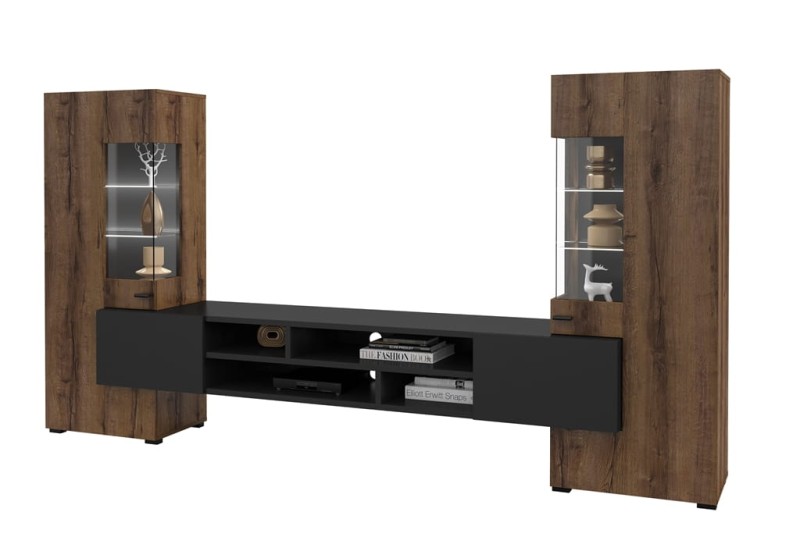 Meblościanka COBY Szerokość 270 cm dąb monstery / czarny onyks Helvetia Meble 24WBMB10 Meblościanka Nowoczesna Tradycyjna Do Salonu Pokój Dzienny