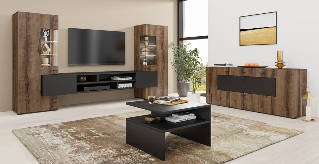 Meblościanka COBY Szerokość 270 cm dąb monstery / czarny onyks Helvetia Meble 24WBMB10 Meblościanka Nowoczesna Tradycyjna Do Salonu Pokój Dzienny