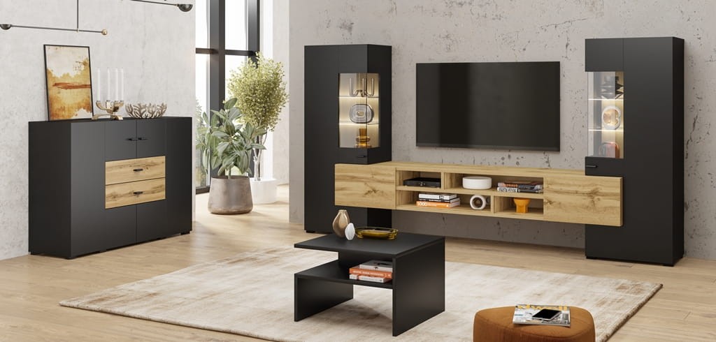 Meblościanka COPY Szerokość 270 cm czarny onyks / dąb wotan Helvetia Meble 24WNMB10 Meblościanka Nowoczesna Tradycyjna Do Salonu Pokój Dzienny