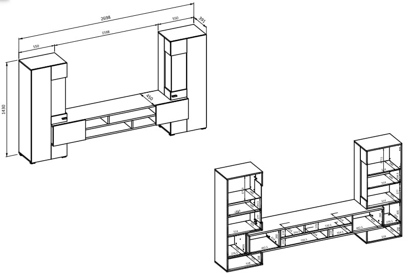 Meblościanka COPY Szerokość 270 cm czarny onyks / dąb wotan Helvetia Meble 24WNMB10 Meblościanka Nowoczesna Tradycyjna Do Salonu Pokój Dzienny