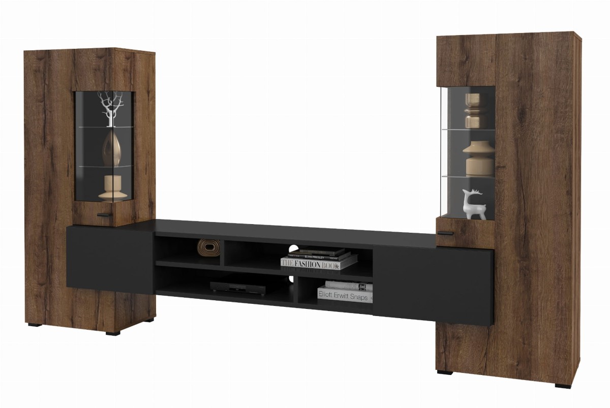 Meblościanka COBY Szerokość 270 cm dąb monstery / czarny onyks Helvetia Meble 24WBMB10 Meblościanka Nowoczesna Tradycyjna Do Salonu Pokój Dzienny