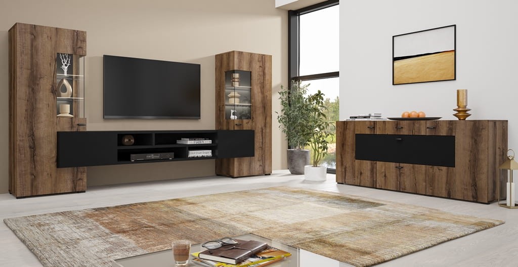 Pokój dzieny COBY  dąb monstery / czarny onyks Helvetia Meble 24WBMB10 26 Meblościanka Nowoczesna Tradycyjna Do Salonu Pokój Dzienny