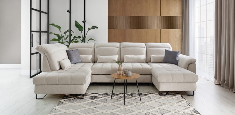 Nowoczesny Narożnik GIOVANI XL U z Funkcją Spania i Pojemnikiem na Pościel w Salonie