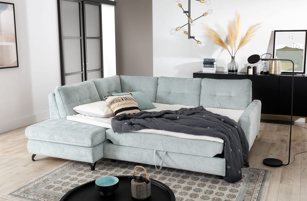 Nowoczesny Narożnik NAWE 2 z Rozłożoną Funkcją Spania w Salonie