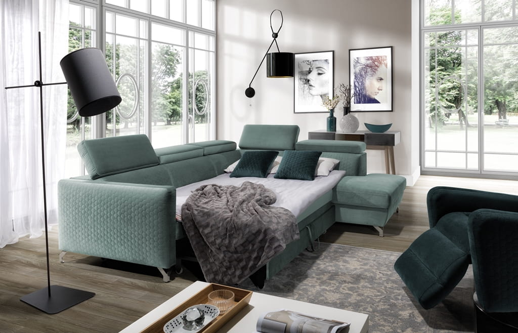 Zdjęcie Prezentujące Rozłożoną Funkcję Spania w Narożnik 2 MAROZZO 265 cm w Salonie