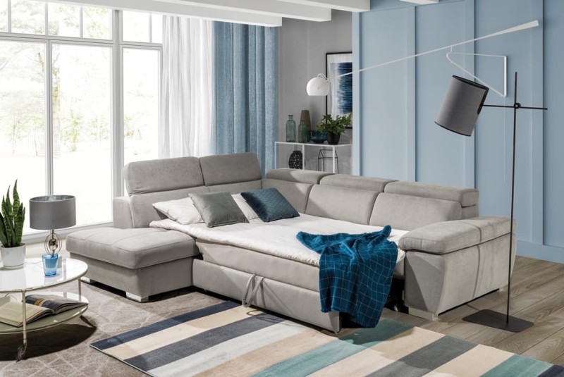 Zdjęcie Prezentujące Rozłożoną Funkcję Spania w Narożniku 1 ROSSO 286 cm w Salonie