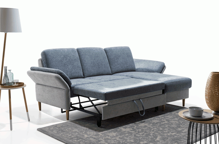 Zdjęcie Prezentujące Rozłożoną Funkcję Spania w Narożniku 1 SORI 226 cm z Pojemnikiem na Pościel w Minimalistycznej Aranżacji