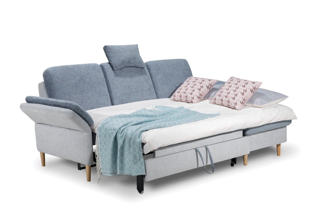 Zdjęcie Prezentujące Rozłożoną Funkcję Spania w Narożniku 1 SORI 226 cm z Pojemnikiem na Pościel