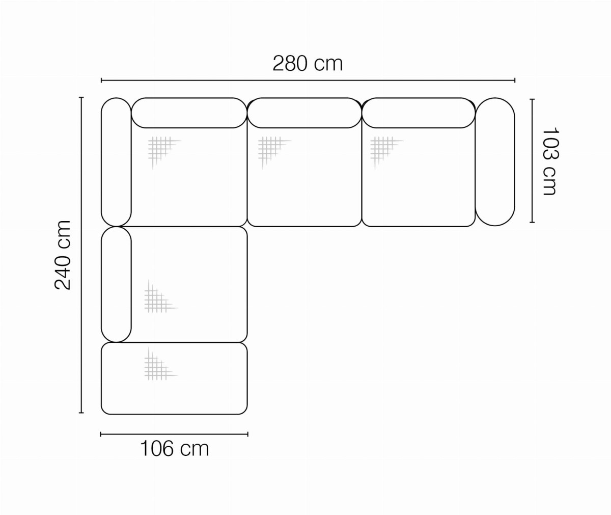 Zdjęcie Wymiarów Lewostronny Narożnik AREZZA 280 cm z Regulowanymi Zagłówkami