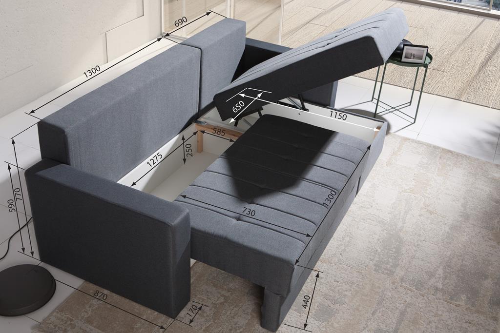 Narożnik INES Do Salonu Pokoju Funkcja Spania Pojemnik na pościel Wymiary