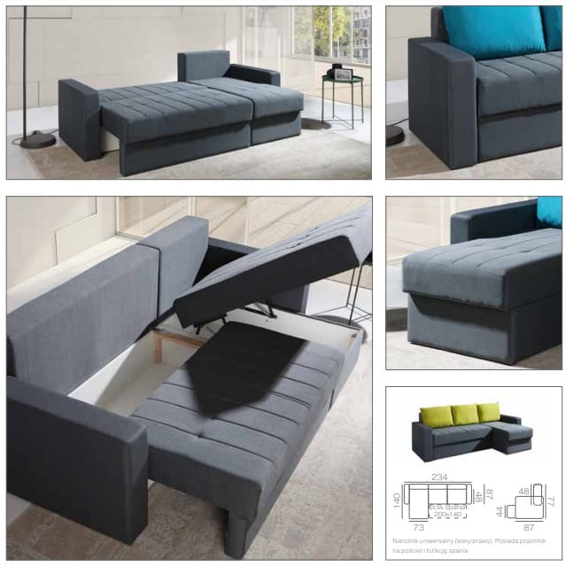 Narożnik INES Do Salonu Pokoju Funkcja Spania Pojemnik na pościel