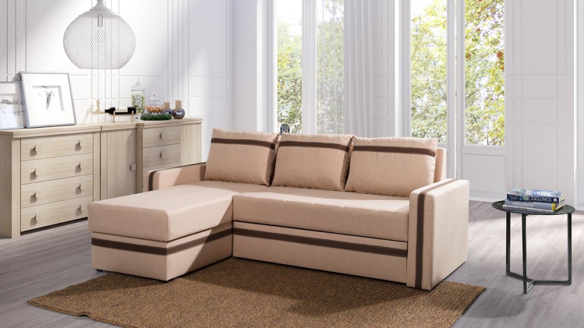 Narożnik EUFORIA Do Salonu Pokoju Funkcja Spania Pojemnik Beżowy Jasny Lux 24/Lux 12