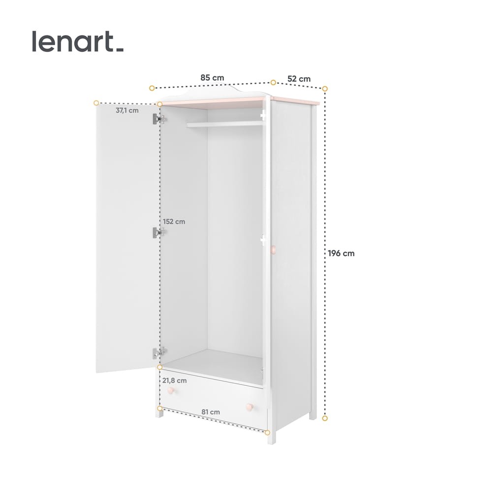 Szafa LUNA dwudrzwiowa szerokość 85 cm biały / różowy Tradycyjna Do salonu Do pokoju młodzieżowego