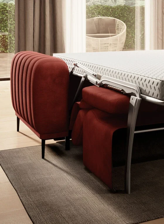 Sofa Gandi Tkanina Run Again 55 Nowość Stelaż Włoski Funkcja Spania Nowość Czerwona Do Salonu Pokoju Nowoczesna Regulowane Zagłówki Wersal Detale Boczek Materac.webp