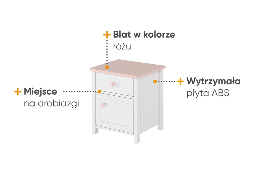 Stolik nocny LUNA szerokość 45 cm biały / różowy 7
