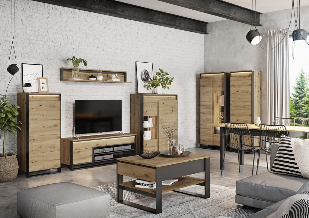 Szafa QUANT szerokość 60 cm z oświetleniem dąb artisan/czarny 2 Tradycyjna Do salonu Do pokoju młodzieżowego